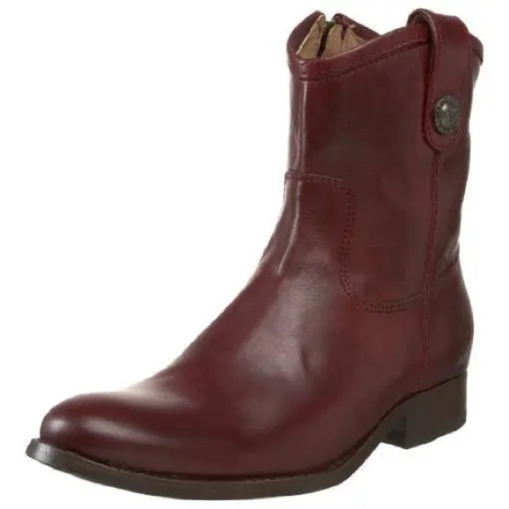 Frye Melissa Button Short Burgundy Italian Leather Pull On Casual Ankle Boots